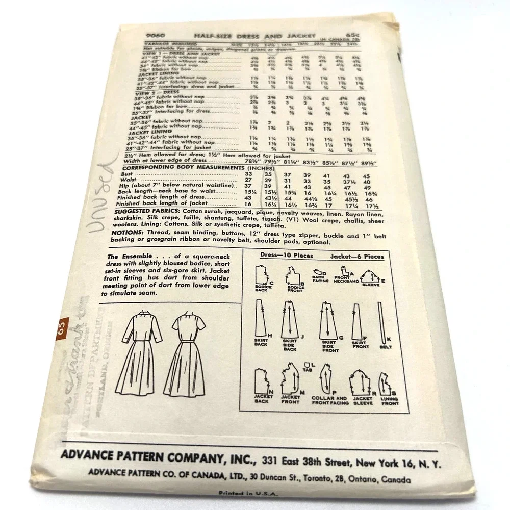 Advance Vintage 1959 Pattern #9060 Half Size Dress and Jacket Size 14.5 HTF RARE